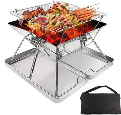 Produktbild von Camping-Holzkohlegrill – Edelstahl-Campingkocher – 31x31x25 cm – Tragbarer Feuerkorb – Für Outdoor-Grillen und Camping