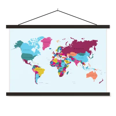 Produktbild von MuchoWow® Textilposter Weltkarte - Trendig - Farbenfroh 90x60 cm mit schwarzem Rahmen - Aufhängungssatz
