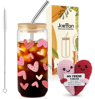Immagine prodotto di Set di bicchieri da 600 ml con coperchio e cannucce, portafortuna all'uncinetto, regalo per l'amicizia