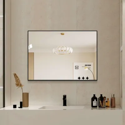 Produktbild von 50x70cm Badezimmerspiegel Schwarz Aluminiumrahmen Kupferfrei HD Wandspiegel Modern