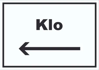 Produktbild von Klo Schild mit Text und Richtungspfeil links WC Toilette waagerecht A6 Rückseite selbstklebend