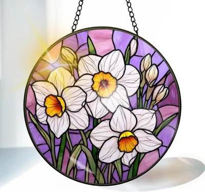 Produktbild von Glas Sonnenfänger Narzisse, bunt, 20 cm, mit Kette und Aufhängehaken, für Fensterdekoration
