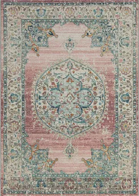 A flat lay of a rug with a vintage-inspired design.