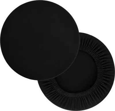 Two black round fabric covers are shown against a white background. One cover is laid flat, while the other is shown from the side, revealing its elasticized edge.