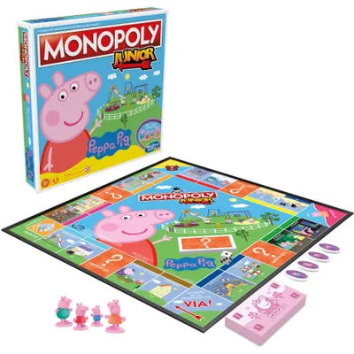 A Monopoly Junior board game box and board with Peppa Pig characters.