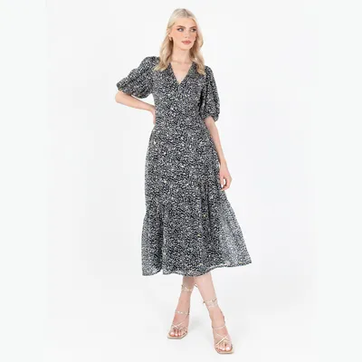 Produktbild von Lovedrobe Damen Kleid, Midaxi-Länge, V-Ausschnitt, Puffärmel, Wickeldesign, Empire-Taille, A-Linie