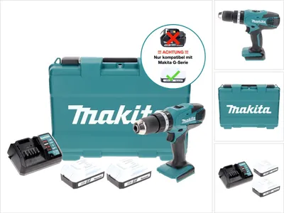Obrázek produktu pro Makita HP457DWE, Vrtačka s pistolovým držadlem, Rychloupínací, Černá, Modrá, 3,6 cm, 1,3 cm, 1,3 cm