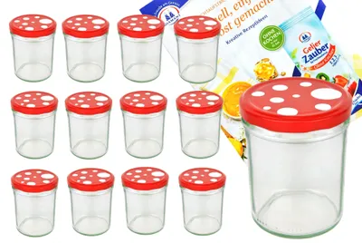 Produktbild von 12er Set Sturzglas 435 ml To 82 Fliegenpilz Deckel rot weiß gepunktet incl. Diamant Rezeptheft