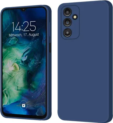 A split image showing the front and back of a blue phone case with a phone inside.