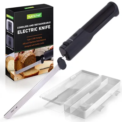 Produktbild von NutriChef Elektrisches Küchenmesser – Akku-Messer mit Edelstahlklingen, USB-C, Schwarz Für Truthahn, Fleisch, Brot & Käse | 11,42″ Edelstahlklingen |