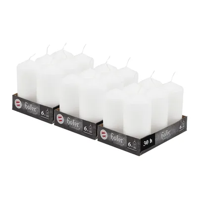 Obrázok produktu pre Hofer Stĺpové Sviečky - Doba horenia 30 hodína - Biela Farba - 18 kusov Rozmery 6 x 12 cm Voskové Sviečky Bez Vône Candles Biele