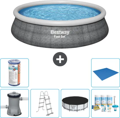 Produktbild von Bestway runder aufblasbarer Fast-Set-Schwimmpool – Rattan-Druck – 457 x 107 cm – inklusive Pumpe – Leiter Abdeckung - Wartungspaket - Filter - Bodenplane