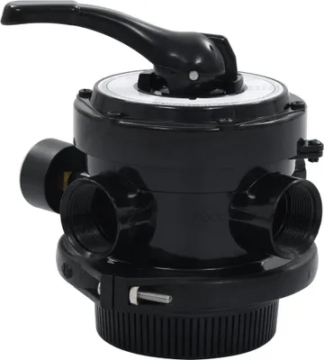 A black multi-way valve for a sand filter.