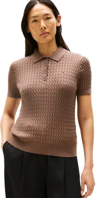 Produktbild von Tommy Hilfiger Damen Poloshirt Kurzarm Cable Sweater mit Knopfleiste, Braun (Hot