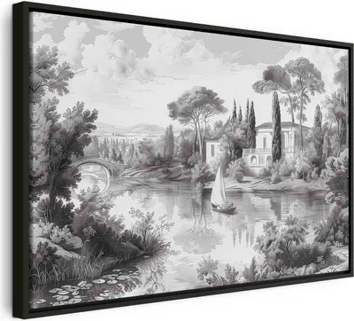 Produktbild von Italienischer Leinwand Leinwandbild - Black and White Vintage Landscape Retro View of a Pond with a Boat 60x40 cm Landschaften c-H-10047-b-a