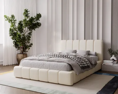 Produktbild von Polsterbett 200x200 Milan - Doppelbett mit Bettkasten, Bett mit Kopfteil - Samtstoff, Beige
