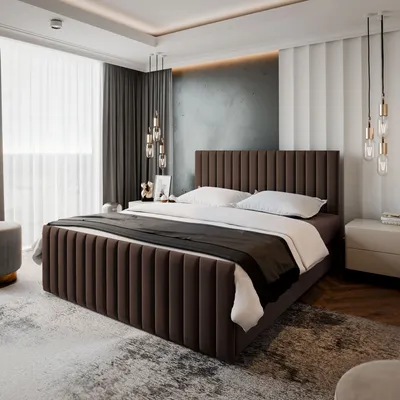 A bedroom with a bed, nightstand, and curtains.
