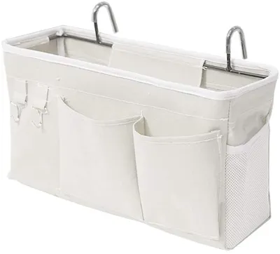 Produktbild von Bett Organizer Bett Tasche mit Darhthaken Hängetasche Hochbett Aufbewahrungstasche für Buch, Magazin, Handy, Kopfhörer Bett Aufbewahrung(Weiß)