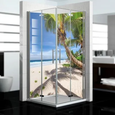 Produktbild von dedeco Eck-Duschrückwände Aluminium wasserfest Motiv: Strand V1, 2 x 90x210 cm, Fliesenersatz fugenlos Wandverkleidung Wandpaneele, Germany