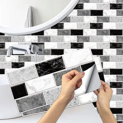 Image de Autocollants muraux imitation marbre, lot de 12, adhésifs, pour décoration de cuisine/salle de bain