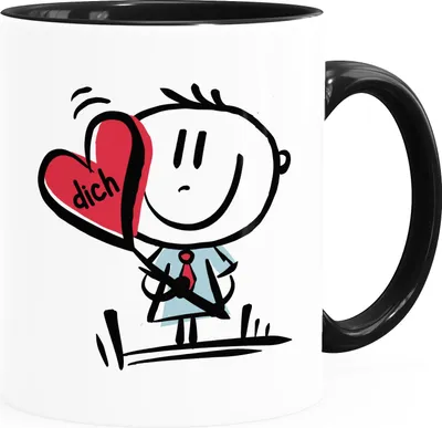 Produktbild von Kaffee-Tasse Herz Liebe Dich Strichmännchen Liebeserklärung Geschenk Valentrinstag Jahrestag Hochzeitstag Moonworks® weiß-innen-schwarz Keramik-Tasse