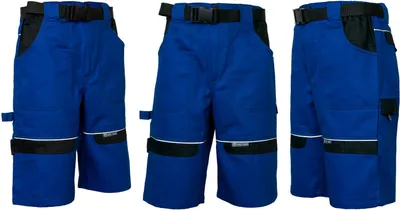 Three views of blue work shorts with black accents.