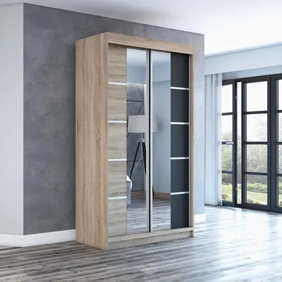 Produktbild von Schwebetürenschrank Kleiderschrank ERA 120 cm Schrank Garderobe Spiegel.Verschiedene Farben (Weiß, Schwarz, Somona). Möbel vom Hersteller!