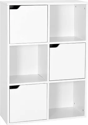 Image de Meerveil Bibliothèque, étagère de rangement à plusieurs niveaux pour livres et DVD, six compartiments avec 3 portes, étagère sur pied, blanc