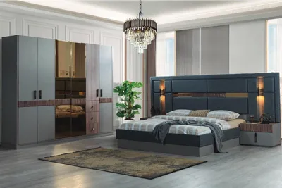 Image de Chambre à coucher grise Ensemble complet lit 2x tables de nuit armoire