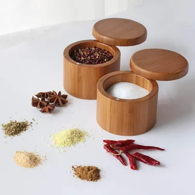 Image de Boîtes à herbes en bois, lot de 4, avec couvercles en bambou, pour la cuisine