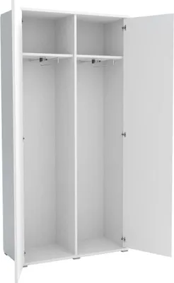 An open white wardrobe with two compartments, each with a hanging rail and a shelf above.
