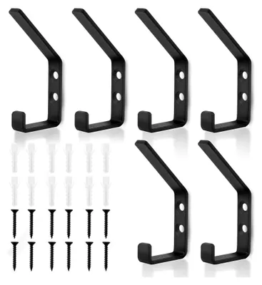Produktbild von Garderobenhaken, 6 Stück Doppelte Kleiderhaken, Schwarz, Wandhaken zum Schrauben, Haken für Akustikpaneele, Garderobe, Wohnzimmer, Schlafzimmer, Badezimmer, Küche