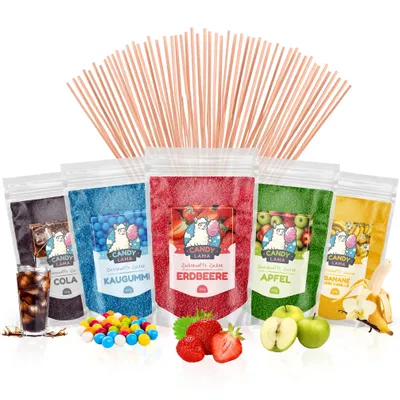 Produktbild von Zuckerwatte-Set, Partyset 5 x 250g: Cola, Kaugummi, Erdbeere, Apfel, Banane/Vanille, inkl. 50 Zuckerwattestäbe, 100% vegan, für Zuckerwattemaschine