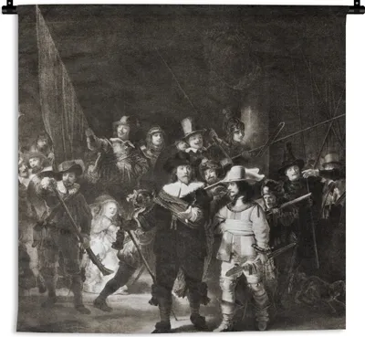 Produktbild von MuchoWow® Wandteppich Wandbehang Die Nachtwache in Schwarz und Weiß - Gemälde von Rembrandt van Rijn 150x150 cm Tapisserie Dekoration Wandtuch - Wohnaccessoires - Modernes