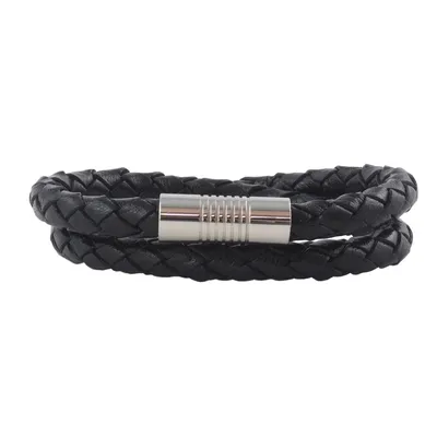 Zdjęcie produktu dla Skórzany naszyjnik Skórzany pasek 4 mm męski naszyjnik czarny 17-100 cm długości z zapięciem magnetycznym srebrny pleciony, długość: 50 centymetrów