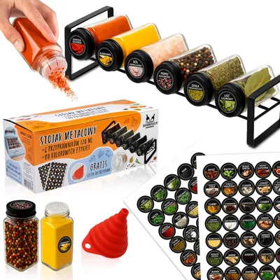 Produktbild von SuperButelki.pl - Gewürzregal FALA aus Metall + 6x Gewürzgläser + 80x Aufkleber + Trichter, Küchenorganizer, für die Küchentheke, Etiketten