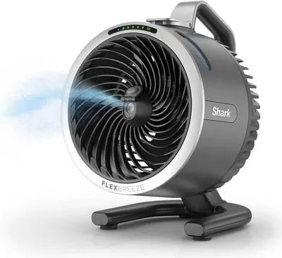 A Shark Flex Breeze HydroGo Tischventilator is shown on a white background.