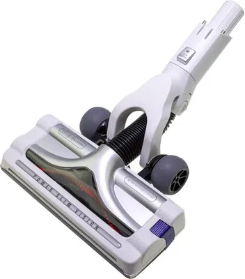 A vacuum cleaner floor head with wheels and a brush roll, isolated on a white background.