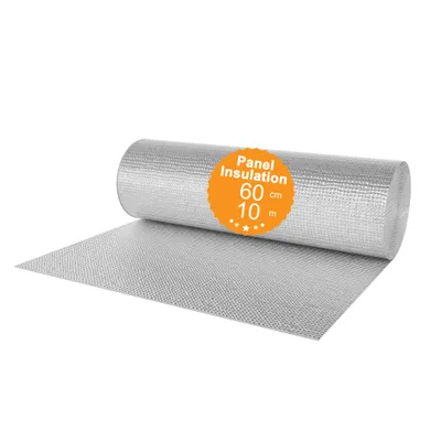 A roll of silver insulation material is partially unrolled on a white surface.