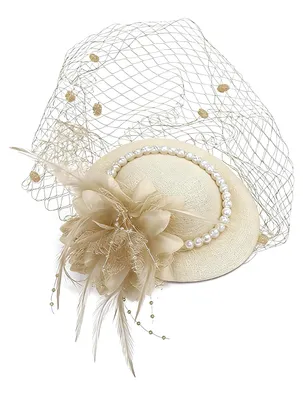 Produktbild von Damen-Fascinator-Hut mit Federn, Netzstoff und Imitationsperlen, Pillbox-Hut, kleiner Zylinder, Haaraccessoire für Alltag und Party