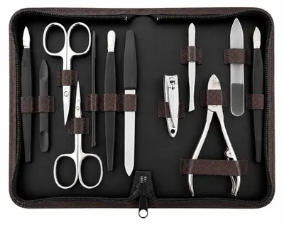 Produktbild von Maniküre Pediküre Set 12-teilig – Nagelpflege Set mit 5 Solingen Qualitätsinstrumenten, Echtleder Etui, gehärteter Stahl –  Germany Braun