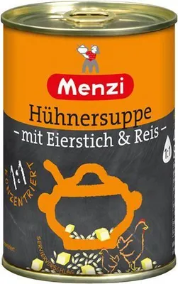 Produktbild von Menzi Hühnersuppe -mit Eierstich & Reis- 400 Ml Dose  Mit reichaltiger Einlage Konzentriert Glutenfrei Ohne geschmacksverstärkende Zusatzstoff