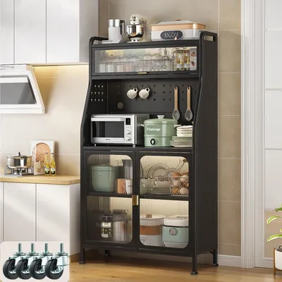 Image de Armoire de cuisine avec plan de travail, vitrine, noire, 86 x 36 x 160 cm
