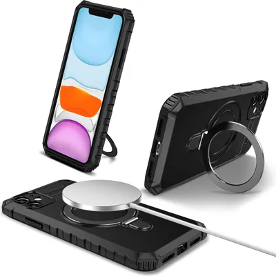 Obrázek produktu pro Pouzdro pro iPhone 11 magnetické s MagSafe, držák prstenu, stojánek, dvouvrstvé ochranné pouzdro černé