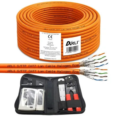 Produktbild von ARLI Cat7 Verlegekabel Duplex 50m Netzwerkkabel + Werkzeug Set Crimpzange + LSA + Tester + Messer