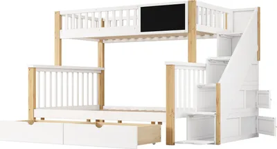 Produktbild von Kinder-Etagenbett,(Natur)Doppelbett, multifunktionales Kinderbett, mit Tafel und Schubladen, ohne Matratze, weiß, 90*200, 140*200