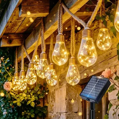 Produktbild von Solar-Lichterkette mit Hanfseil und Edison-Leuchten, warmweiß, 8 m