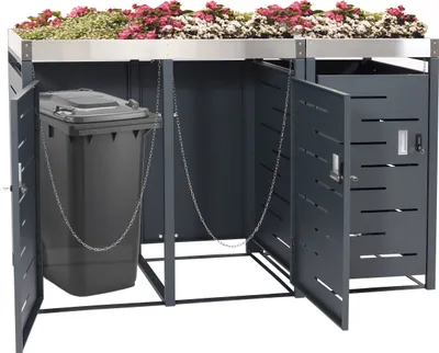 Produktbild von 3-pojemnikowa obudowa kosza na śmieci HWC-H40b, pojemnik na śmieci, pojemnik na rośliny kombinacja stal nierdzewna-metal 63 kg 110x175x62 cm z możliwością rozbudowy