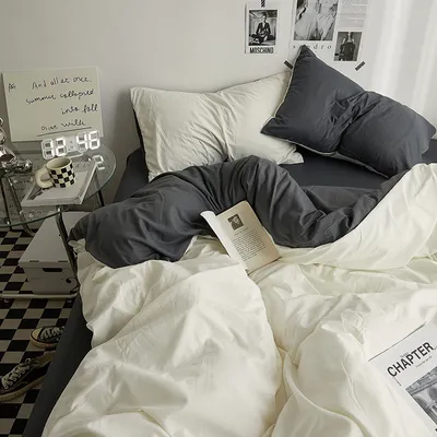 Imagen del producto de Juego de ropa de cama de alta calidad, confeccionado en algodón lavado. Juego de cuatro piezas, color gris claro, funda de edredón de 150x200 cm