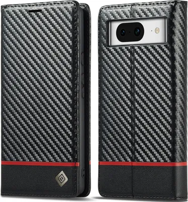 Obrázek produktu pro Pouzdro pro Google Pixel 8A Karbónové kožené pouzdro s držákem karet, magnetem a stojánku černé Horizontální červené